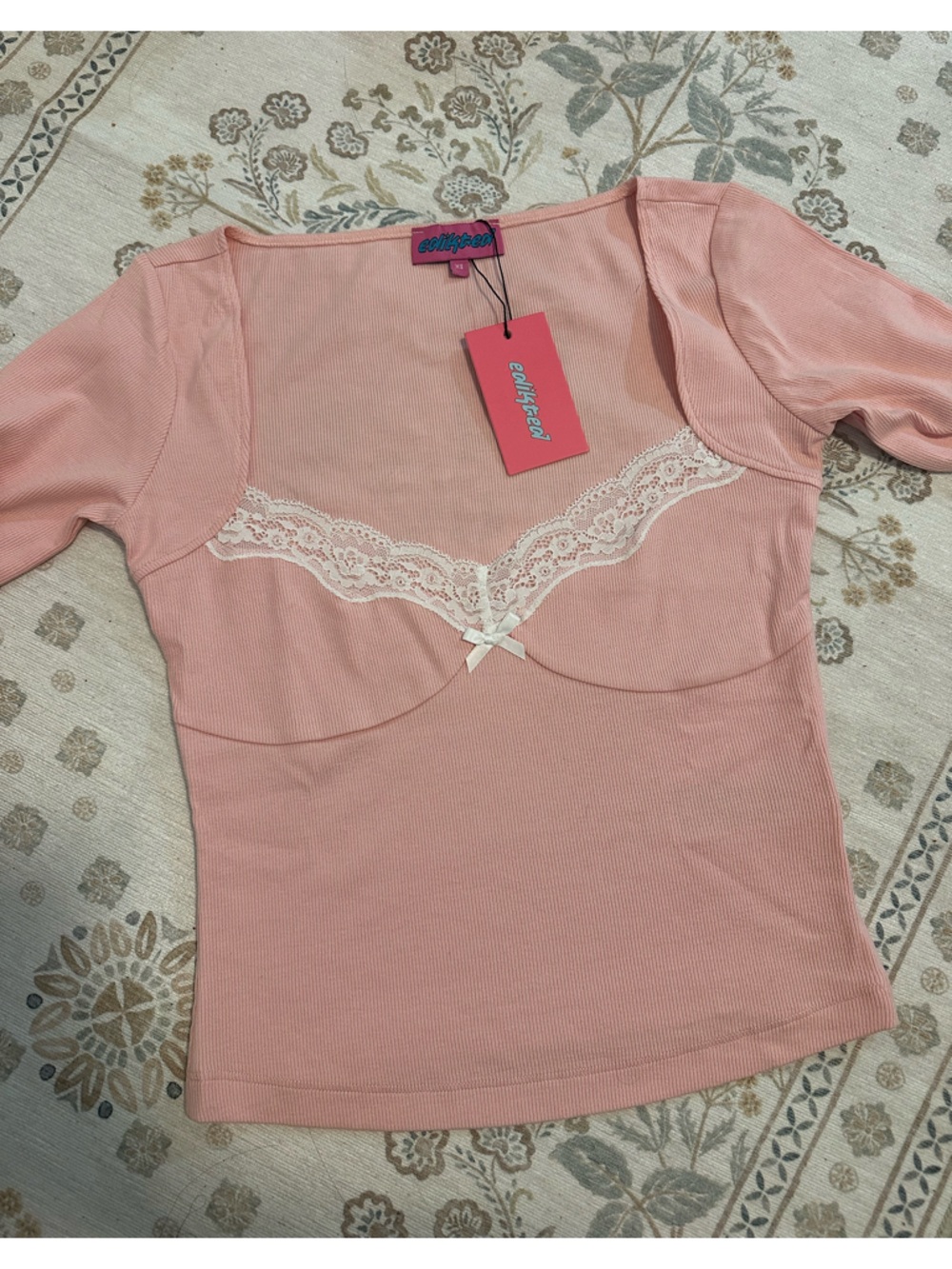 Edikted Pink Ribbed Lace-Trimmed Chemise Top